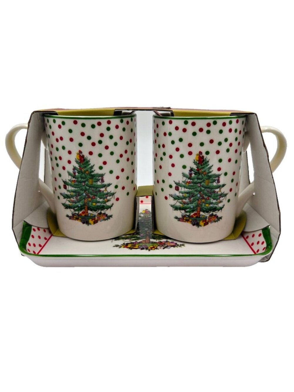 Spode Christmas Tree Polka Dot Mug Set With Tray NIB Read